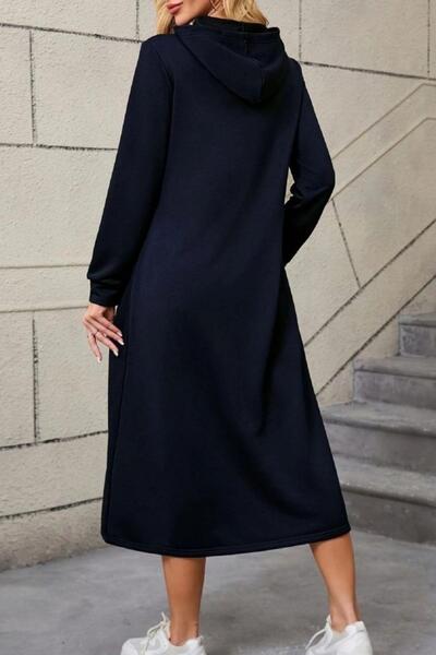 Mossta Hooded Leopard Pocket Detailed Viscose Two Thread Dress - Black