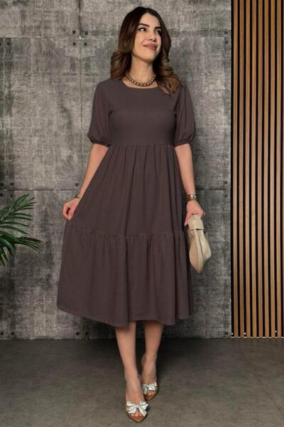 Mossta Short Sleeve Wrinkled Balloon Dress - Brown