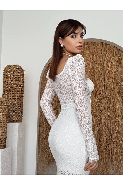 ETİKAFASHION Kalp Yaka Dantel Yırtmaçlı Uzun Kol Kadın Elbise