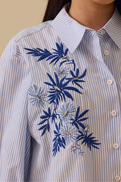 SEÇİL Women's Relaxed Fit Embroidered Tunic Shirt - Blue