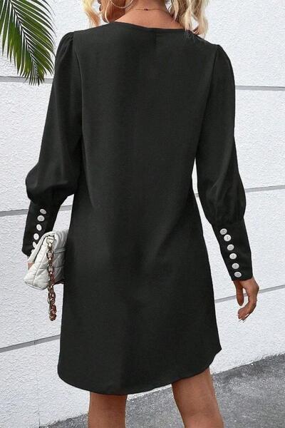 Mossta V-Neck Button Detail Long Sleeve Mini Dress - Black