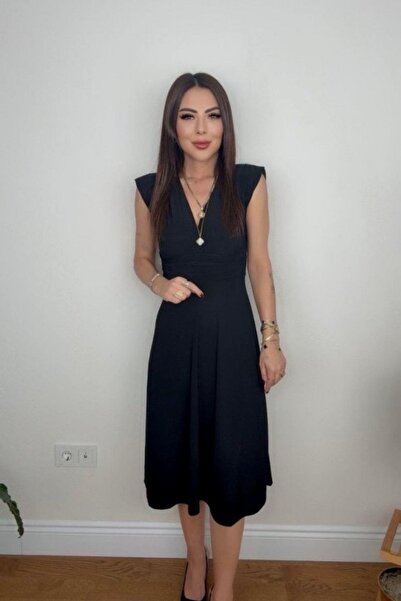Mossta Double Breasted Collar Waist Gathered Crepe Dress - Black