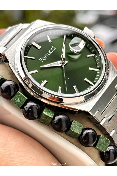 Ferrucci Men's Wristwatch, with Calendar, Green Silver Steel Band, with Bracelet Gift
