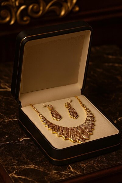 xesha 22 Ayar Altın Kaplama Çok Şık Gerdanlık Seti Kolye ve Küpe Seti