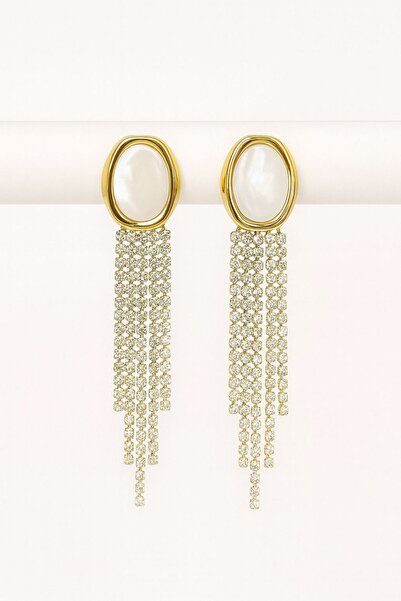 Gunessa Taşlı Altın Kaplama Sallantılı Küpe – Zarif Kristal Taşlı Uzun Kadın Küpe