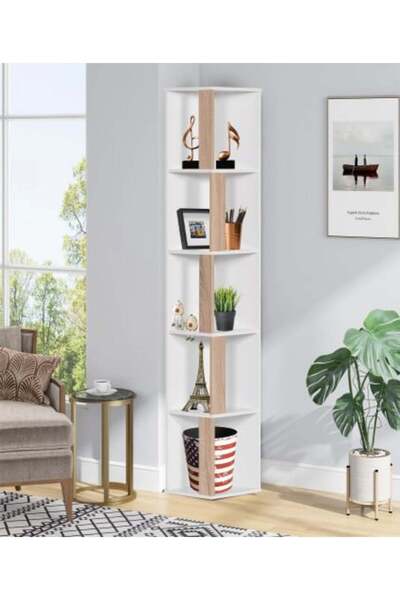 BAITY 5-Tier Wooden Corner Shelf Unit - White and Wooden