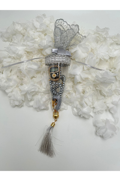 lenagiftworkshop 1 Adet GRİ Hediyelik Dantelli Külah, Tesbih ve Taşlı Zikirmatik Seti ( Mevlid - Hac - Umre )