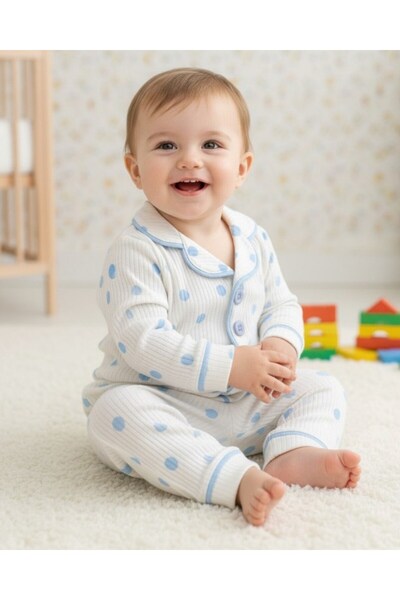 voyyo kids baby Erkek Bebek Mavi Puantiyeli 3-18 Ay Kruvaze Yakalı Fitilli Şirin Gecelik %100 PAMUK