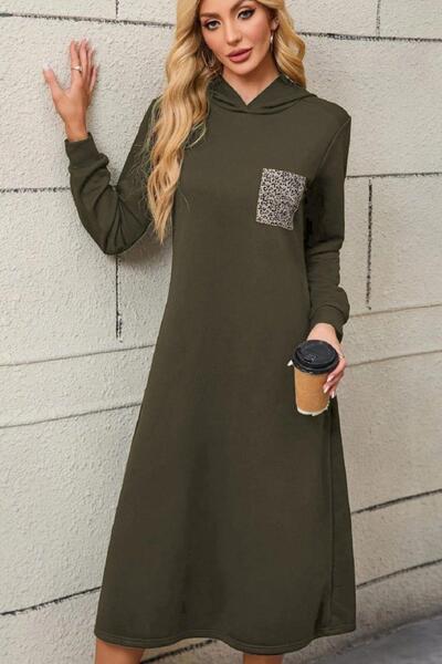 Mossta Hooded Leopard Pocket Detailed Viscose Two Thread Dress - Khaki