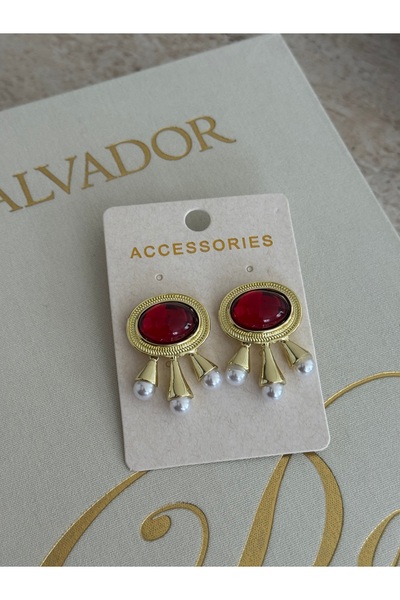 LUXSTONE Kırmızı Taşlı Gold Marka Küpe