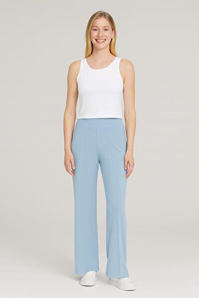 enmodaiçgiyim Premium Fabric High Waist Cotton Stretchy Front Slit Wide Leg Women's Trousers - Baby Blue