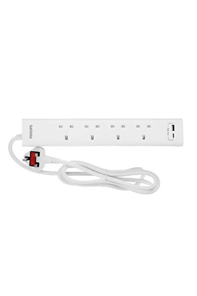 Philips سلك تمديد طاقة بأربعة مقابس، منفذ USB ومنفذ Type-C، 2 متر أبيض