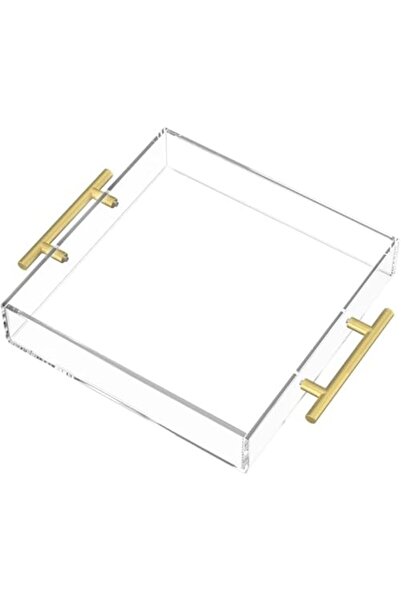 Slasa صينية تقديم أكريليك شفافة بمقابض ذهبية من - صينية ديكور 30×30 سم للقهوة