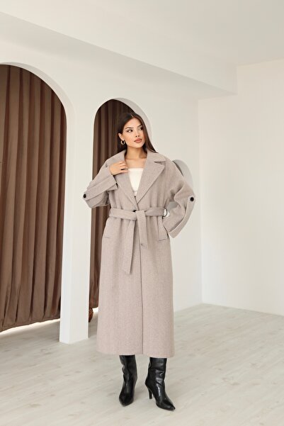 İgnites معطف نسائي طويل من القطن الفاخر بلون البيج بتصميم واسع