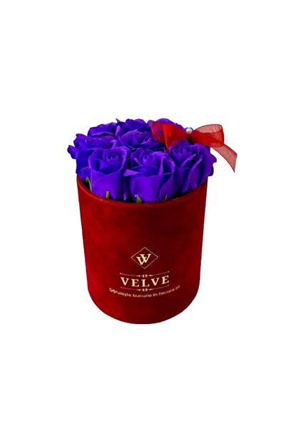 velve Aranjament floral VLV, cu 9 trandafiri de sapun, in cutie rosie de catifea, Mov