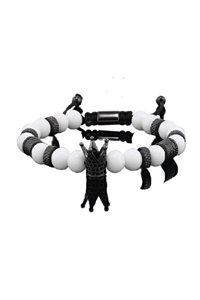 Pandora Arts Brățară Bărbătească cu Mărgele din Piatră Naturală & Charm Coroană, culoare Alb cu Negru