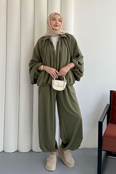 Modaensarbutik Saten Görünmlü Bomber Ceket Pantolon Tesettür Takım-HAKİ YEŞİL