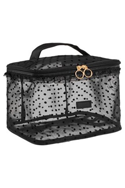 Jumbo Black Mesh Pouch with Polka Dots & Ruffles 23 x 15 x 19 cm
