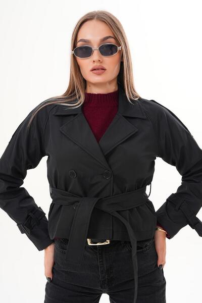 soi fashion Короткий тренч з поясом і підкладкою, чорний