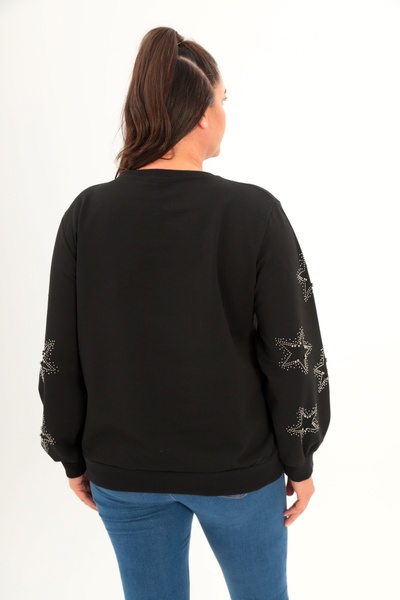 Şans Women's Plus Size Black Crew Neck Sweatshirt with Star Detail on the Sleeves and Stone and Pearl Detail 65N39144