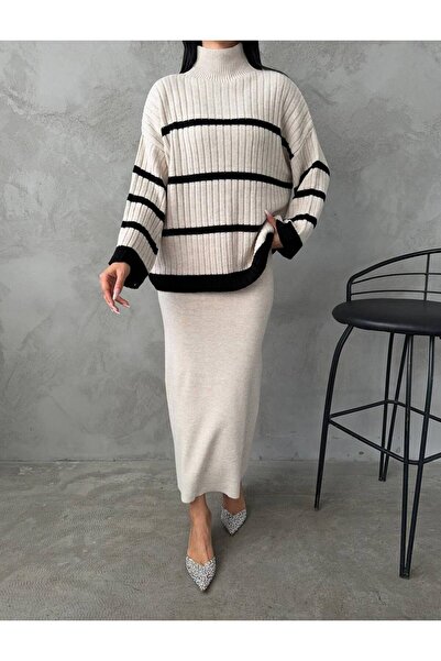 FEHAL GİYİM Triko Fabric Stripe Detail Sweater Skirt 2-Piece Set