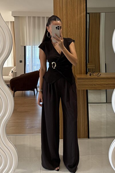 Gizem Ecemiş Arabella Kahve Pileli Palazzo Pantolon