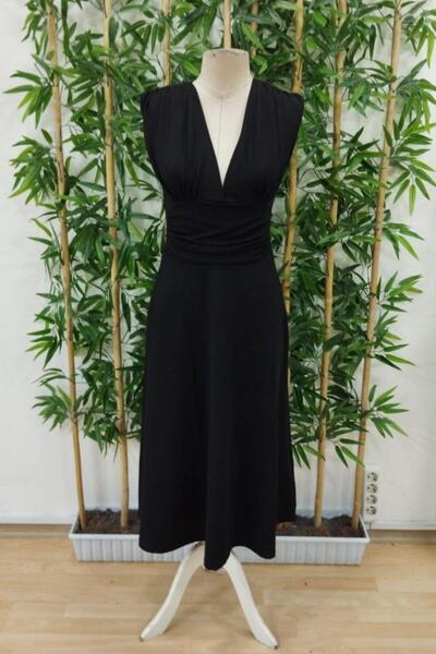 Mossta Double Breasted Collar Waist Gathered Crepe Dress - Black