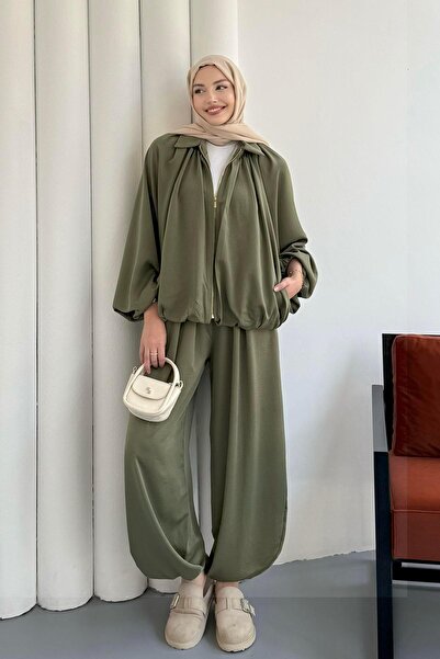Modaensarbutik Saten Görünmlü Bomber Ceket Pantolon Tesettür Takım-HAKİ YEŞİL