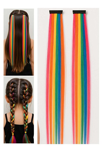 Eva Rose 2 Adet Rengarenk Çıt Çıt saç Postiş Saç Renkli sentetik saç kız çocu...