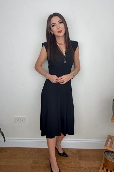 Mossta Double Breasted Collar Waist Gathered Crepe Dress - Black