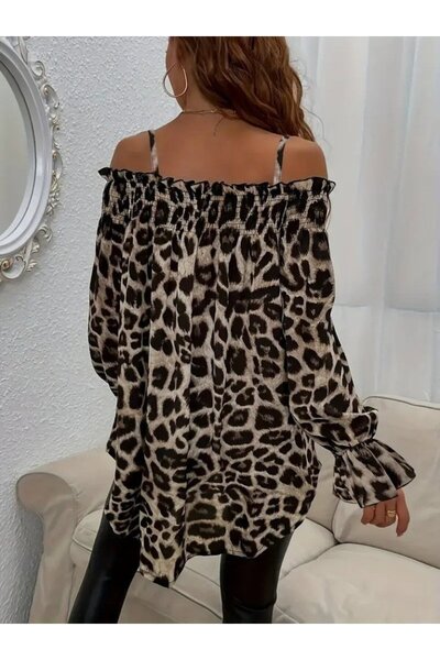 JANES Γυναικεία μπλούζα με κορδόνια με ασύμμετρη κοπή με λεοπάρ στάμπα