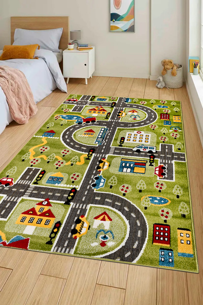 dekozer Oyun Şehri Çocuk Oyun Halısı | 3 Boyutlu Araba Yolu Desenli, Tozumaz,...