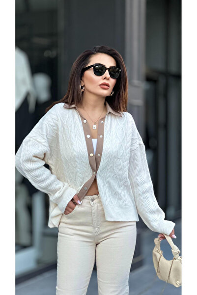 My Blog Cream-Beige Polo Collar Snap Cardigan - Th241063