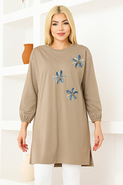 nacar çarşı Kadın Vizon Oversize Çiçek Desenli Tunik Tişört – Uzun Kollu, Yuvarlak Yaka, Rahat Kesim