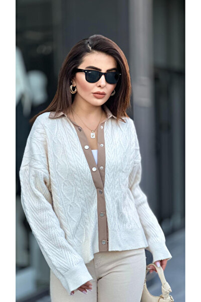 My Blog Cream-Beige Polo Collar Snap Cardigan - Th241063