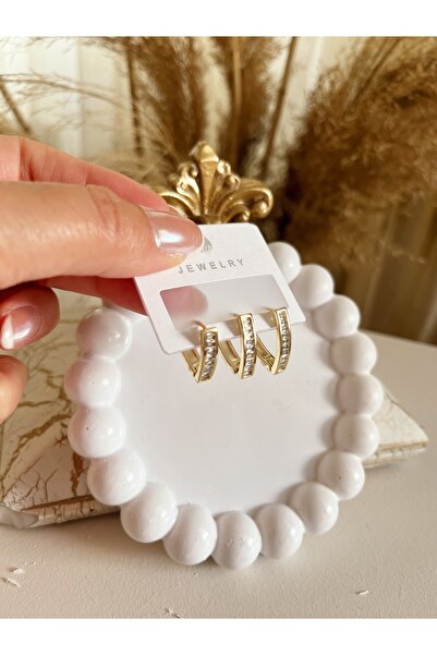 GIFTPALACE Zarif Şık Zirkon Taşlı 3'lü 14K Altın Renk Kararmaz Çelik Küpe – Işıltılı Modern Tasarım