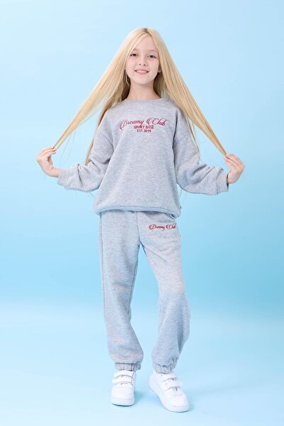 Perendi Girl's Dreamy Embroidered Crew Neck Seasonal Top and Bottom Set Gray