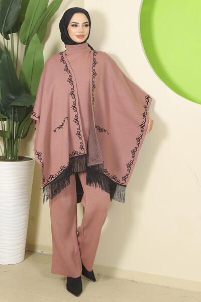 hafsamina Chain Pattern Paneled Triple Knitwear Set Dusty Rose Hm2815