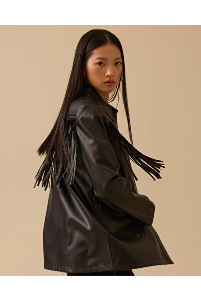 SEÇİL Μπουφάν από συνθετικό δέρμα με λεπτομέρεια με φούντα και τσέπες-Μαύρο