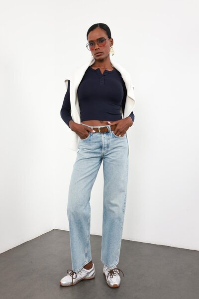 5in1Canpolat Navy Blue Soft Touch Buttoned Blouse 71776