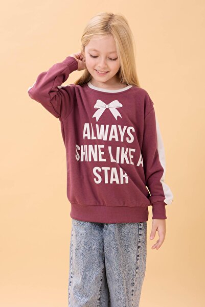 Perendi Kız Çocuk Baskılı Bisiklet Yaka Mevsimlik Sweatshirt Gülkurusu