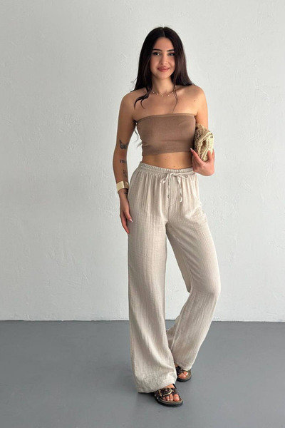 CİDDE Women's Muslin Palazzo Pants Comfortable Fit Wide Leg High Waist Summer Fabric Trousers