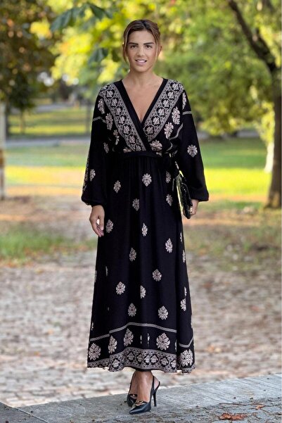 Nevin Kaya Moda Black Indian Motif Double Breasted Collar Dress