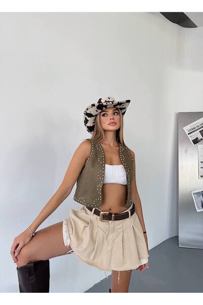 İLKCET MODA Suede Çakım Stone Regular Women's Vest