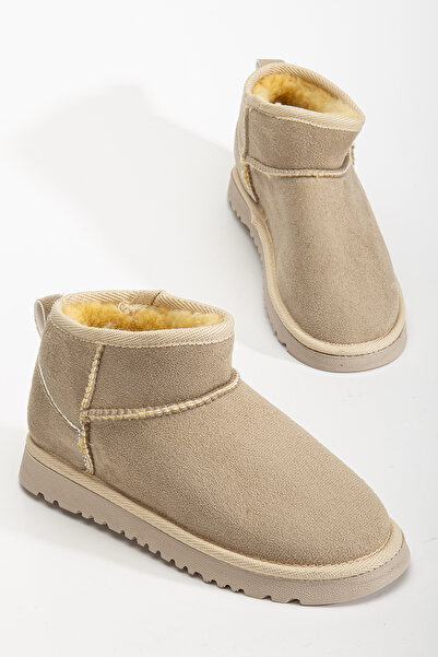 RİSSOLİ Γυναικείες μίνι μπότες με λεπτή σόλα σε μπεζ σουέντ με επένδυση από γούνα