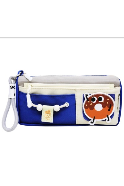 Elegance Yescholar Korean Style Two-Compartment Stickered Fabric Blue-Grey Pencil Case