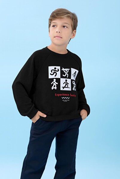 Perendi Erkek Çocuk Bisiklet Yaka Mevsimlik Baskılı Sweatshirt Siyah