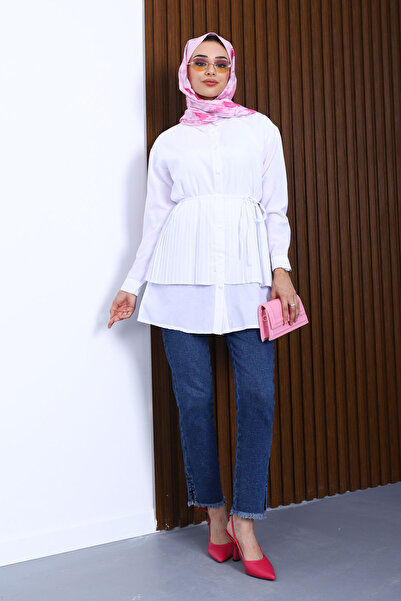 İmajButik Λευκό τονίκ ποπλίνα με δεμένο στο πλάι