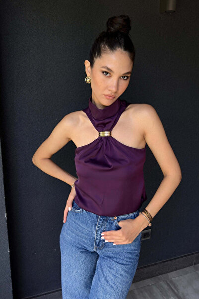 FABB Bluză din satin cu cataramă prune