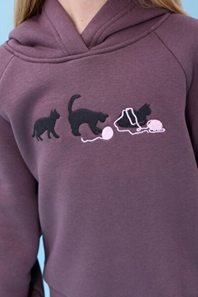 Perendi طقم شتوي للفتيات بغطاء للرأس مبطن بالصوف مع تطريز على شكل قطة بلون الباذنجان